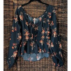 Free People Mandy Floral Balloon Sleeve Ruched Peplum Cotton Tie Front Blouse Lg